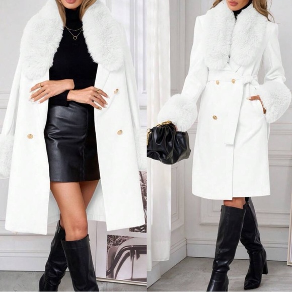 Classic Vegan Fur double breasted Knee Length Coat jacket - Picture 4 of 8